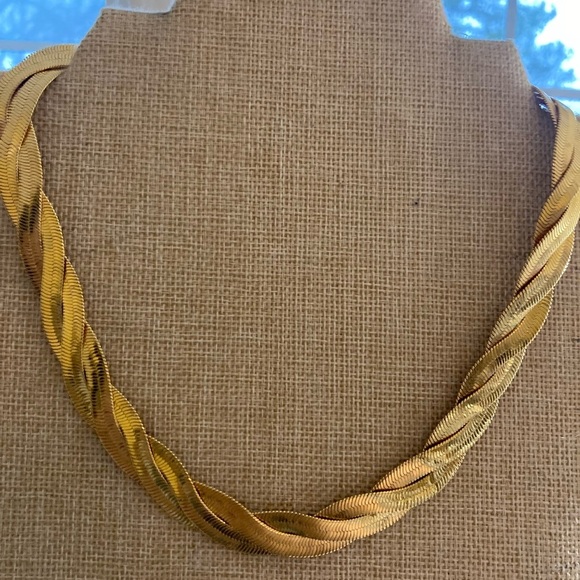 Braided Flat Chain‎ Gold Tone Vintage Necklace - Picture 7 of 7